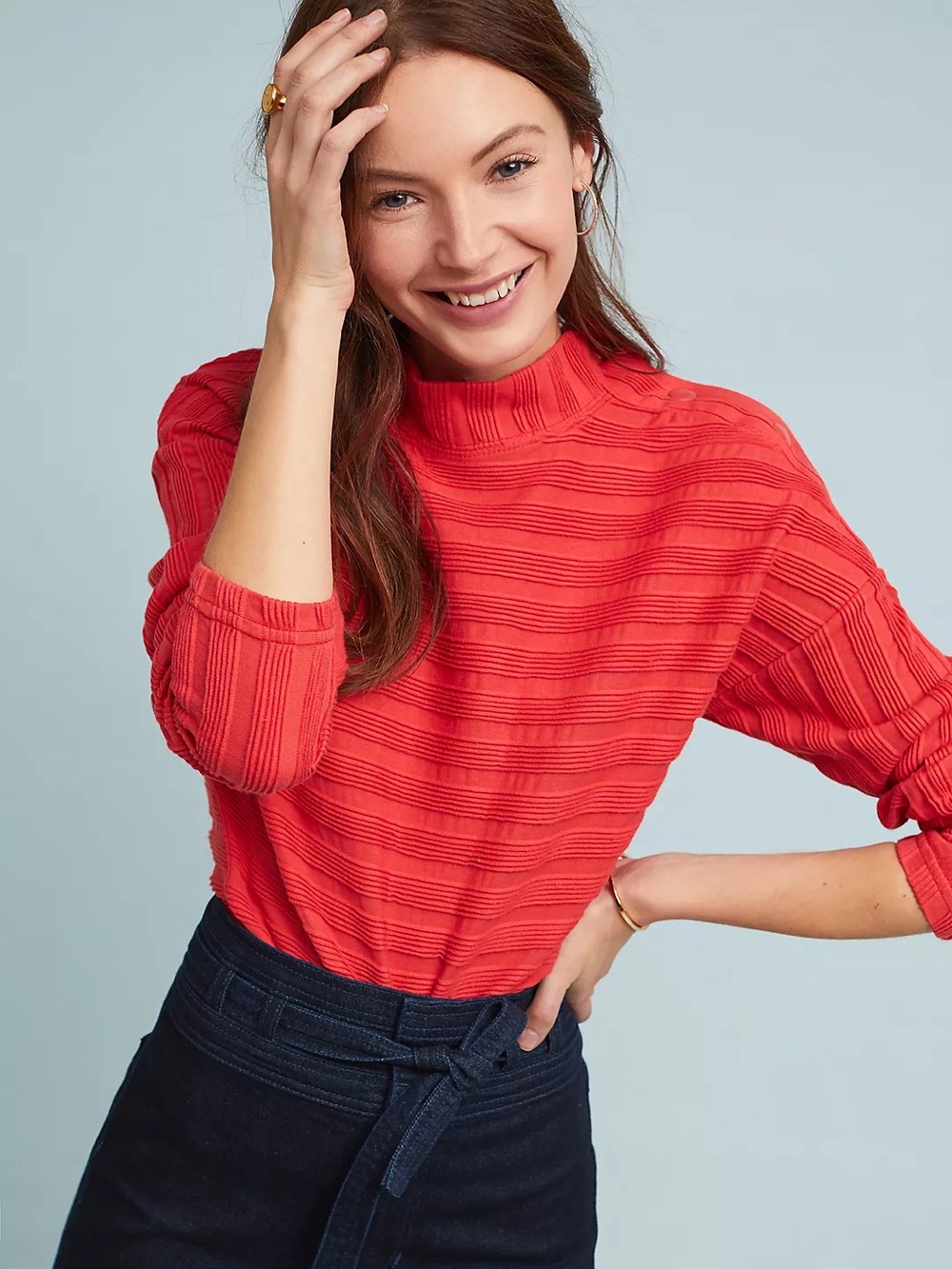 MAEVE Large Anthropologie Red Ribbed Long-Sleeve Sweater
